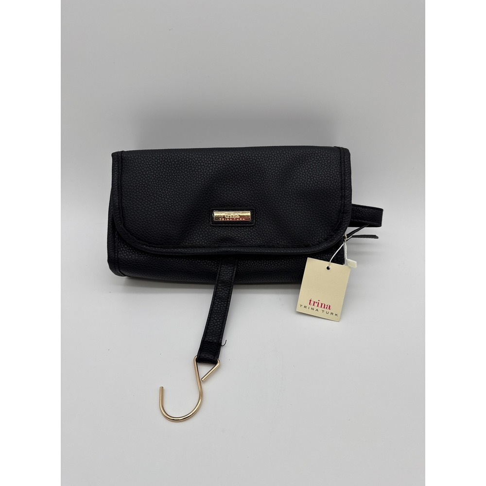 Trina Turk‎ Hanging Toiletry Bag Black Pebbled Faux Leather Travel Organizer New